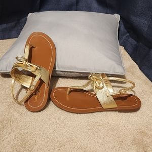 KATE SPADE Women's Sandals Gold Leather T-Strap Thong Bow Flat CAROLINA Size 7.5